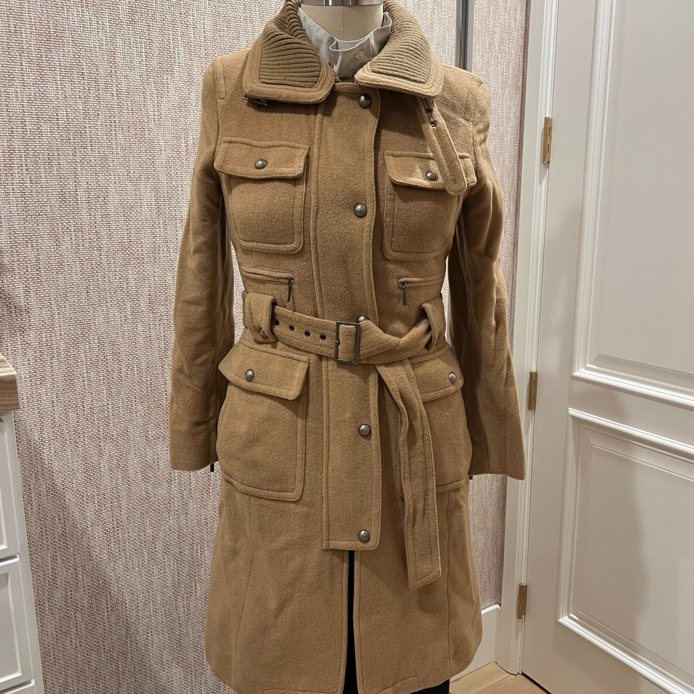 Laundry By Shelli Segal Tan Belted Funnel Neck Trench Coat